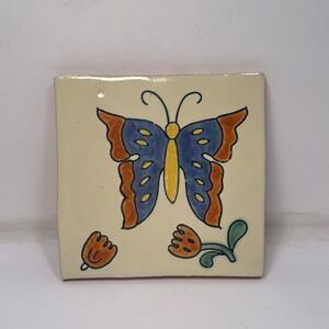Hand Painted Ceramic Tile Butterfly Floral Decorative Art